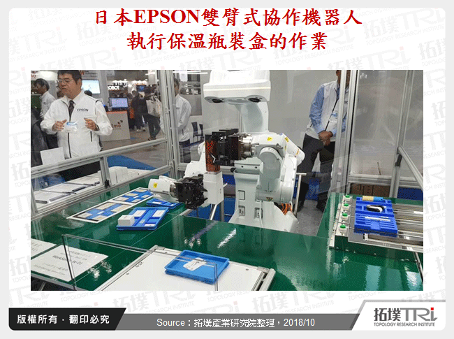 日本EPSON雙臂式協作機器人執行保溫瓶裝盒的作業